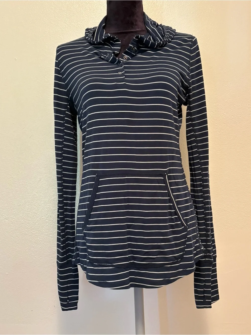 Prana Navy and White Striped Hooded Pullover
